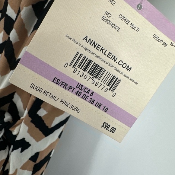 Anne Klein New Faux Wrap Dress Coffee Multi Geo Print Size 6 - $99 - Picture 2 of 4